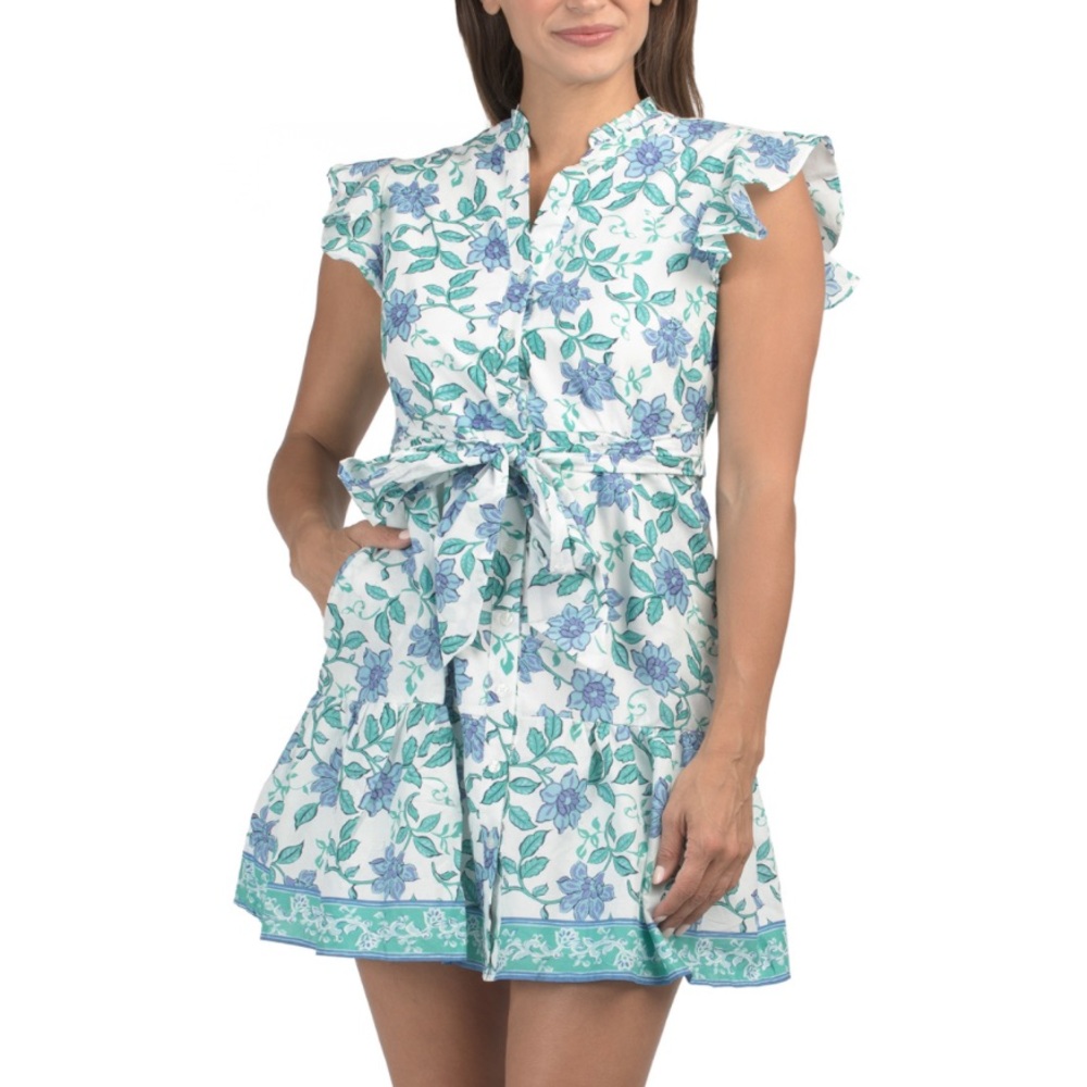 CALYPSO ST BARTH Flutter Sleeve Floral Button Up Mini Dress